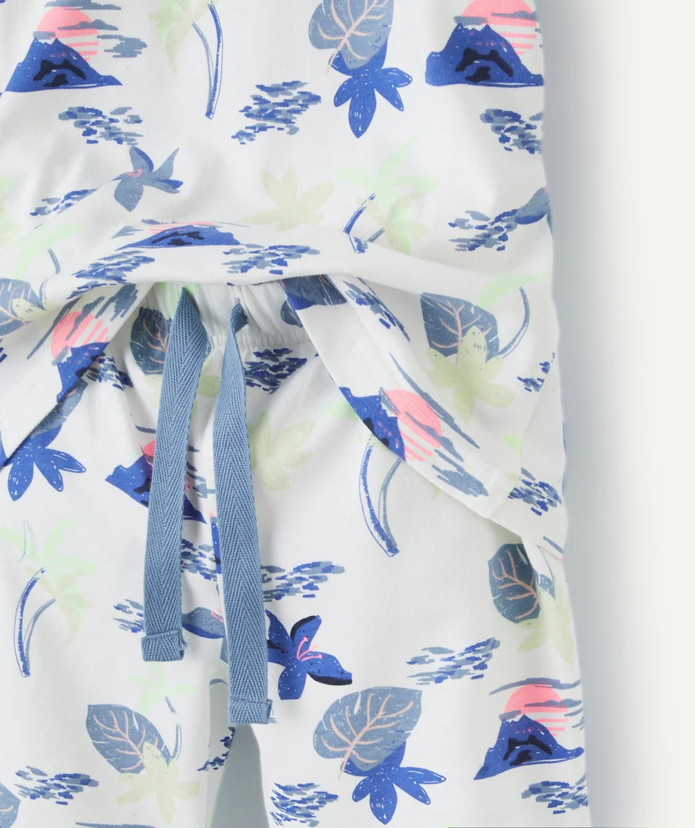 pyjama manches courtes garçon en coton bio blanc imprimé palmiers