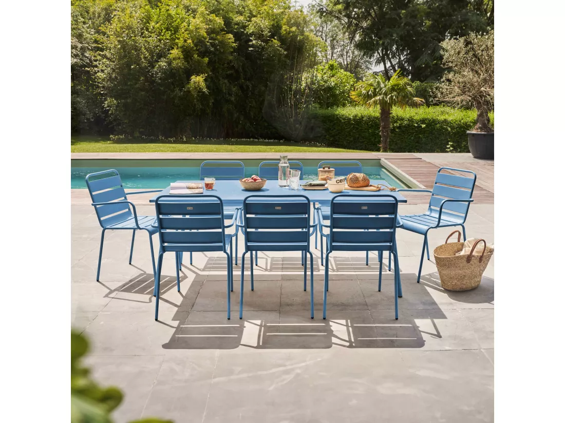 Ensemble table de jardin et 8 fauteuils en métal bleu pacific - Palavas