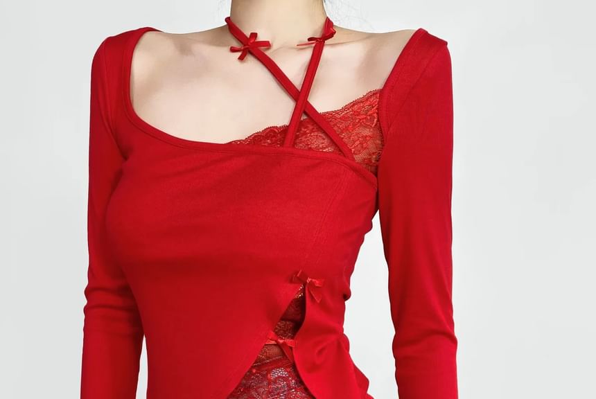 Asiris - Slim-fit crop top met lange mouwen, strikaccent en effen kantpaneel