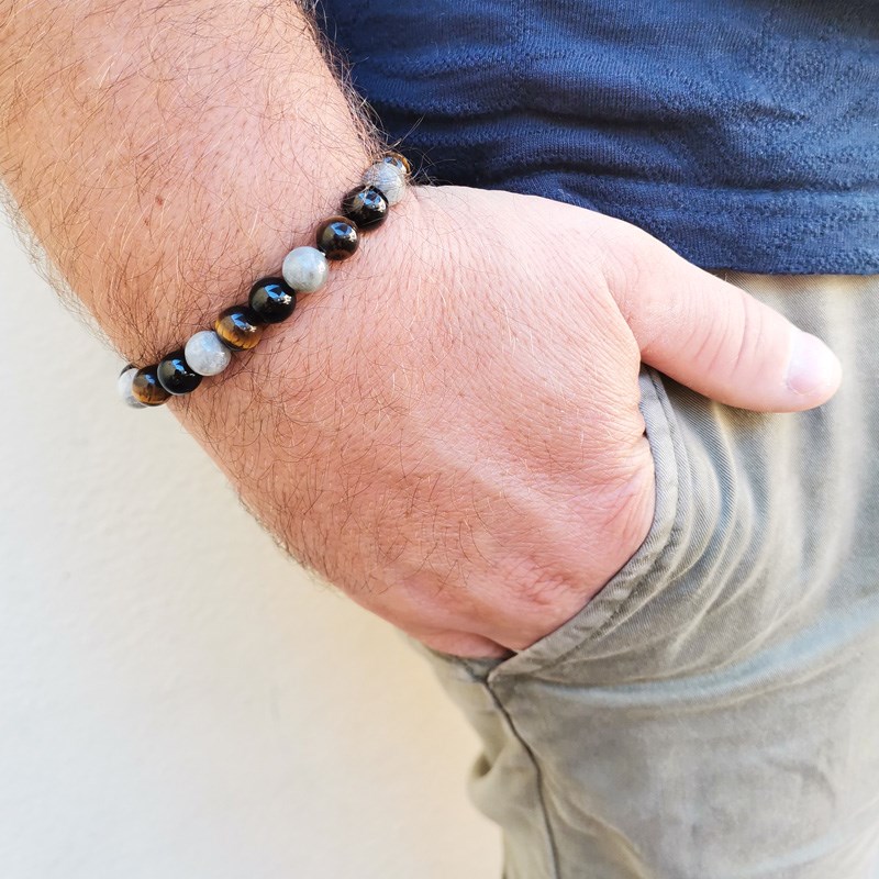 Bracelet extensible avec perles Labradorite, Tourmaline noire, Oeil de Tigre