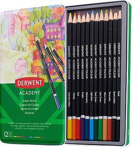 Derwent Academy Kleurpotloden in Blik - Geassorteerde Kleuren - Set van 12 Kleurpotloden
