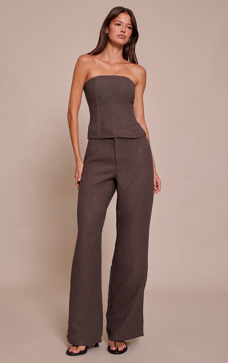 Marron Foncé Pantalon Droit Taille Basse En Bouclé