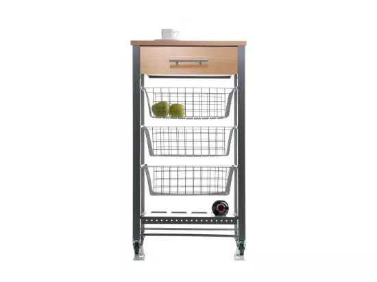 Desserte de cuisine, Chariot de rangement à roulettes - couleur Gris Inox - Hêtre - 88,5*48*33 cm - DIANA