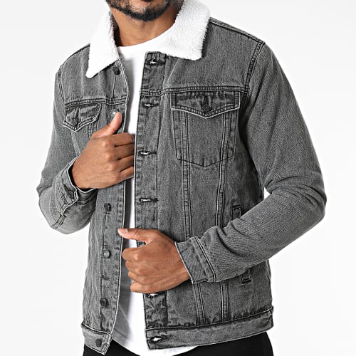 Veste Jean Col Fourrure Gris Anthracite