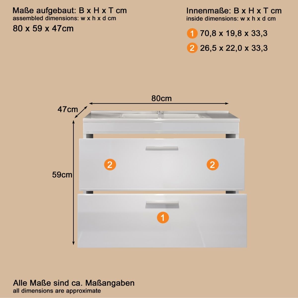 trendteam smart living - Devon - Badezimmerschrank - Weiß Hochglanz - Hängender Waschbeckenunterschrank mit 2 Schubladen inkl. Waschbecken - (BxHxT) 81 x 59 x 47 cm - mit silberfarbenen Griffen