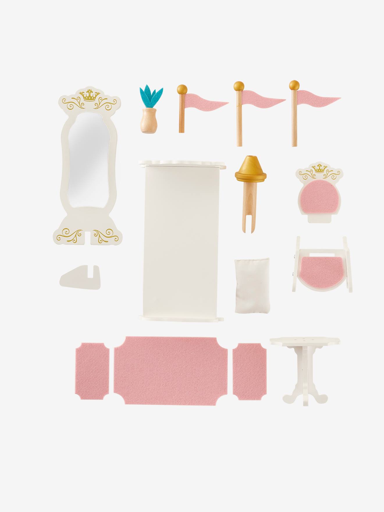 Castelo de princesa para bonecas, modelo de madeira com certificação FSC®, branco claro, liso com motivos.