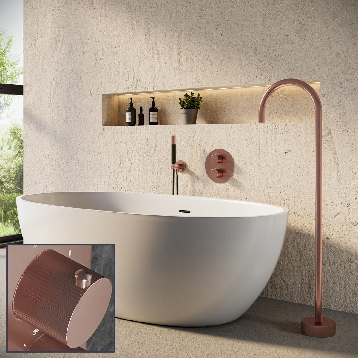 Saniclear Copper Stripes Pro inbouw badkraan rond met vrijstaande uitloop geborsteld koper