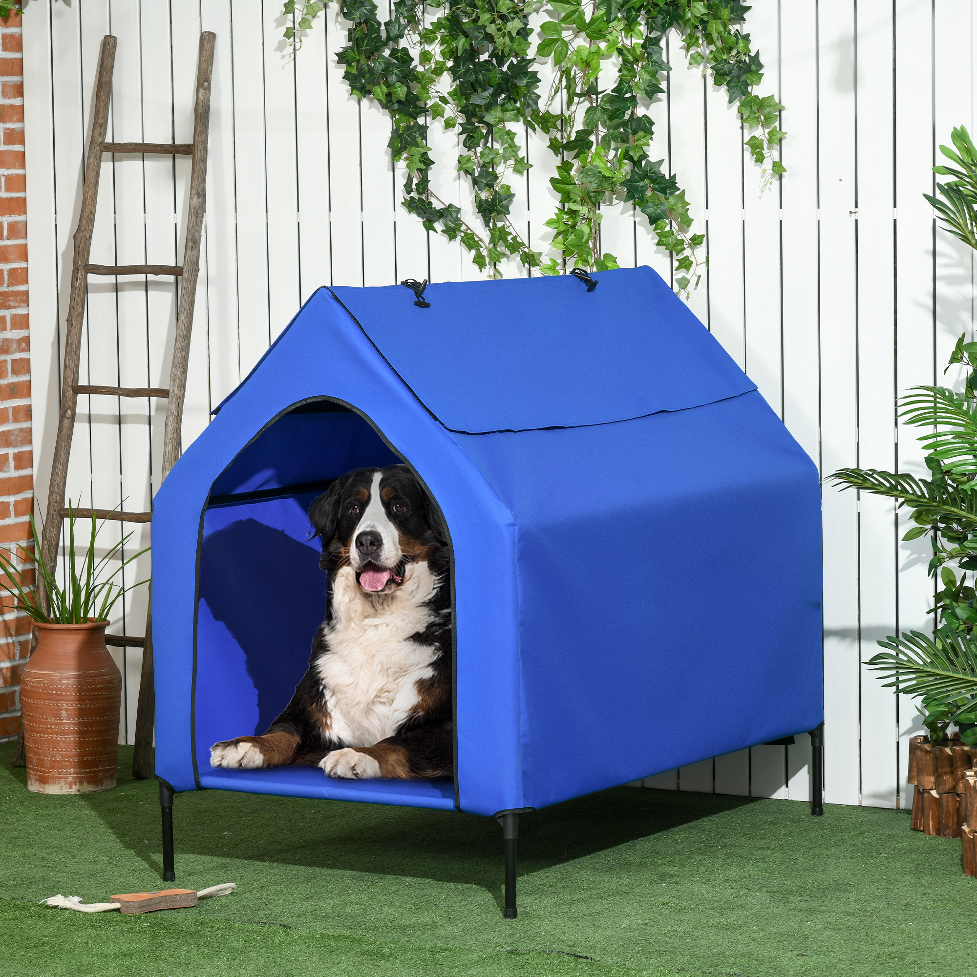 Casinha para cães PawHut, 110x76x110 cm, cama elevada para animais de estimação com capa removível e janelas de tela para cães de grande e extra grande porte, azul.