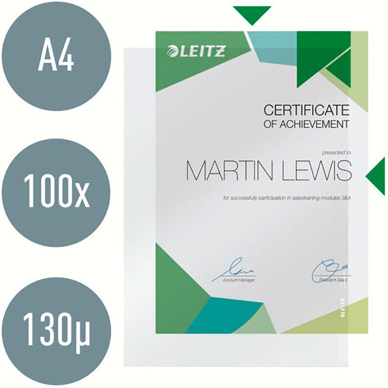 Chemise coin plastique Leitz A4 polypropylène 13/100e transparente incolore - Paquet de 100