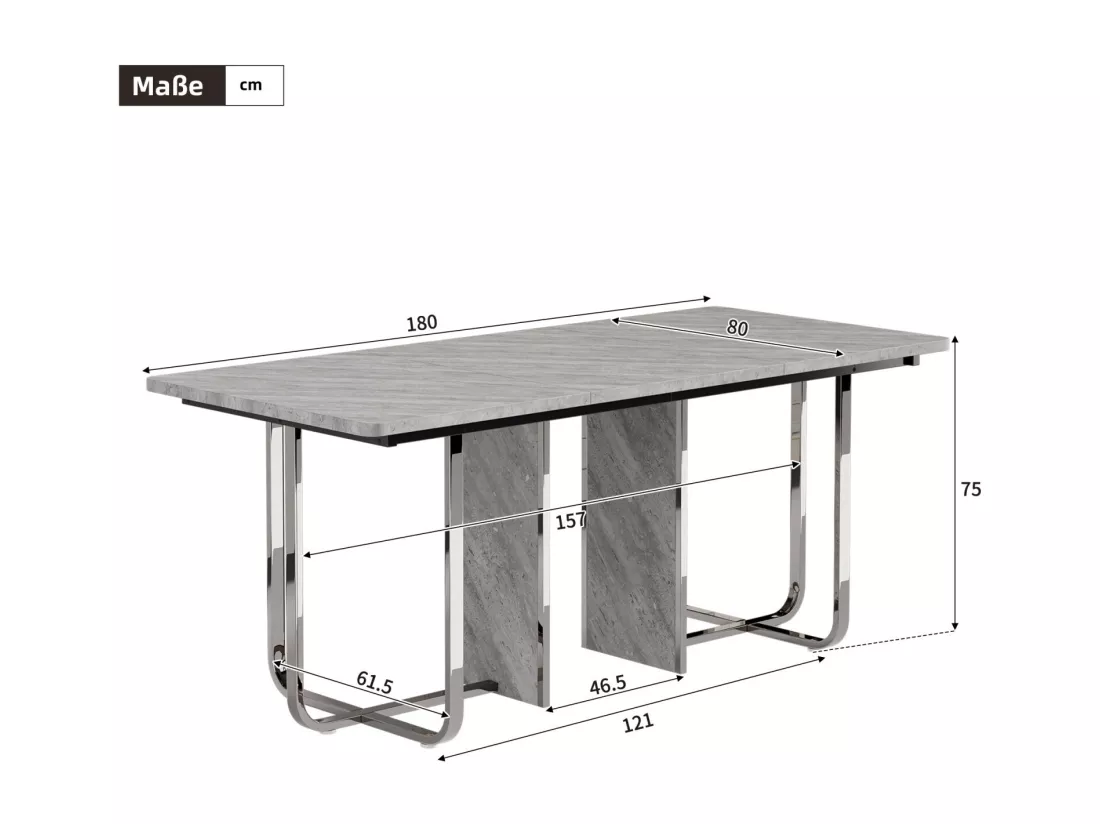 Table à manger 6 à 8 personnes en MDF et métal - Gris et Argent - table à manger rectangle - 180x80x75cm