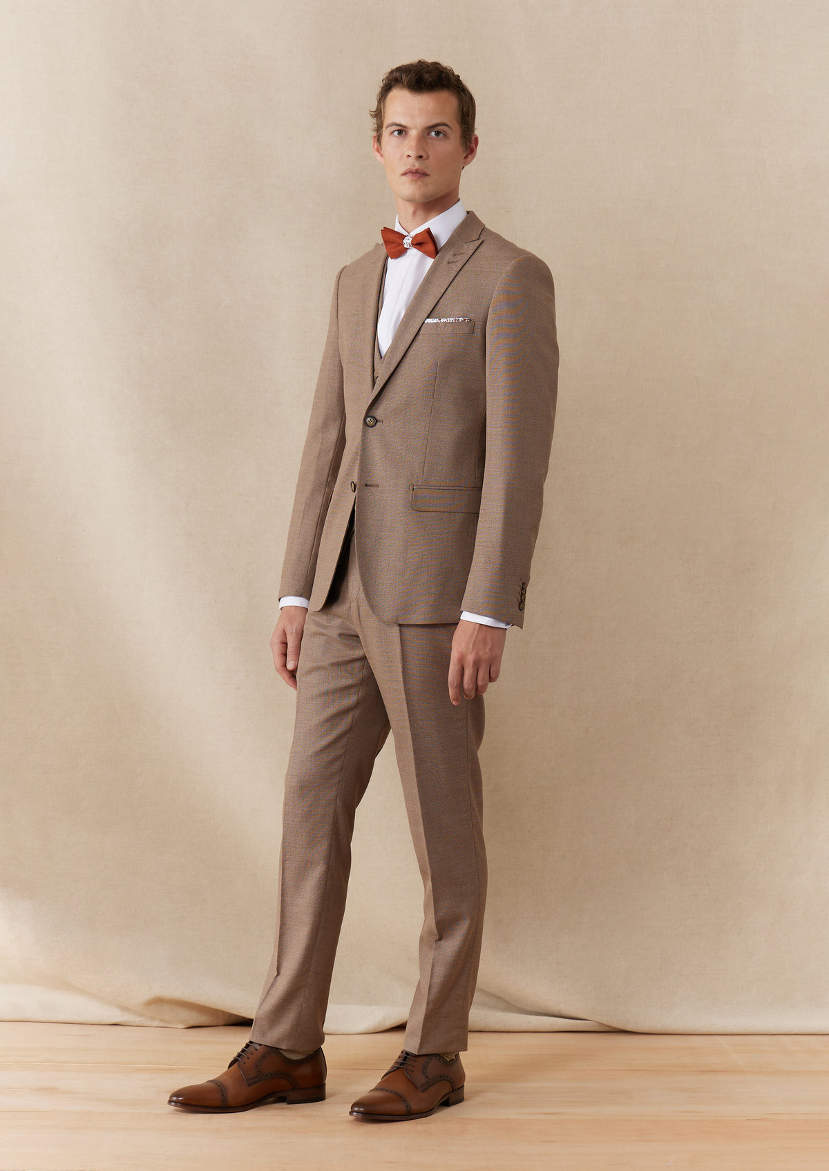 Costume 2 pièces Slim en laine et soie stretch unies terracotta