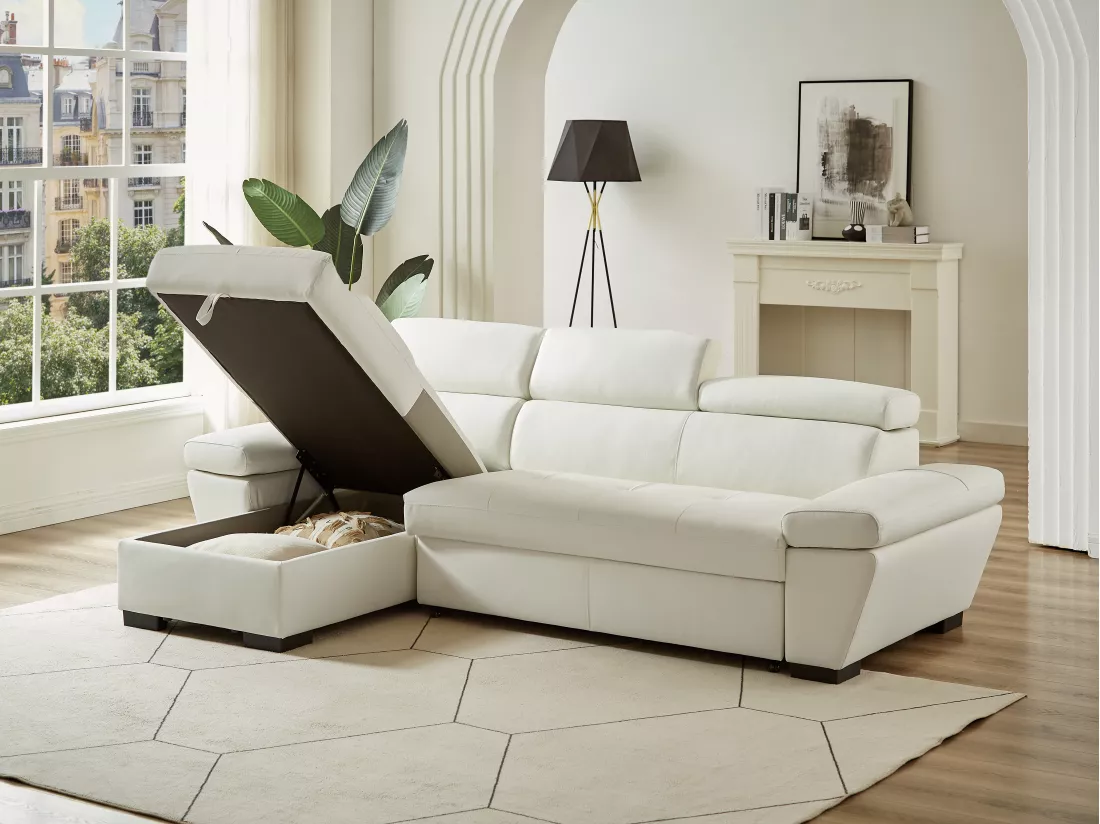 Canapé d'angle convertible en cuir JONOVA - Blanc - Angle gauche