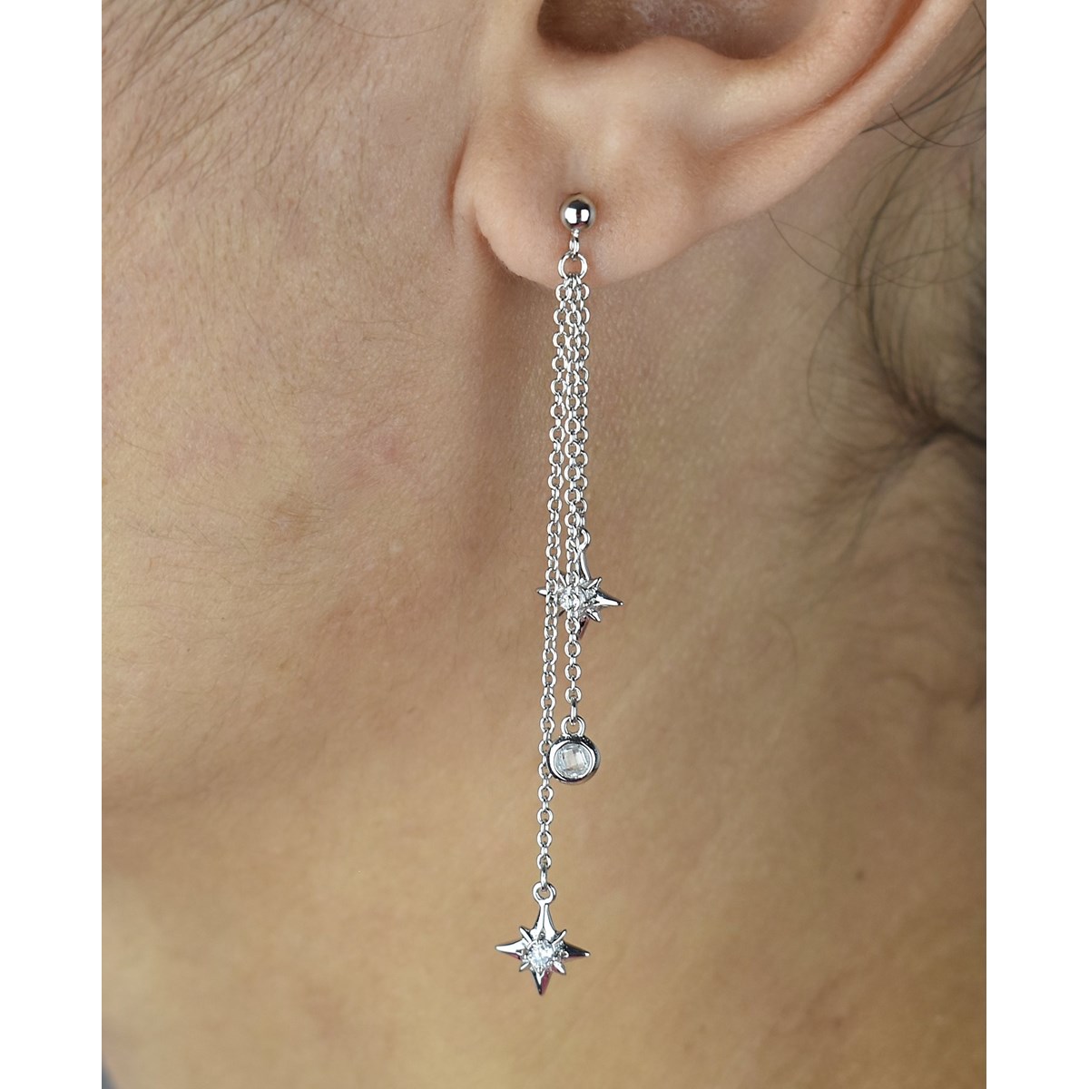 Boucles d'oreilles étoiles oxyde de zirconium 3 chainettes pendantes Argent 925 Rhodié