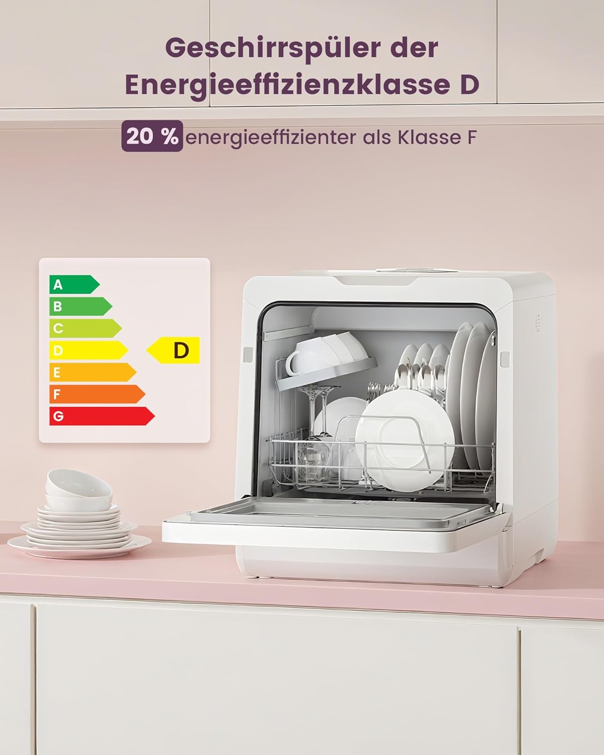 HAVA Tischgeschirrspüler mit Wasserenthärter und erhöhter Energieeffizienz, Spülmaschine mit 8 Programmen, Kindersicherung & verzögerter Start, keine Installation erforderlich - Zarter Flieder