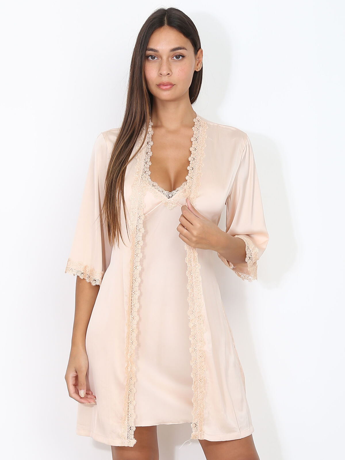 Ensemble nuisette et kimono à dentelle- Doré rose