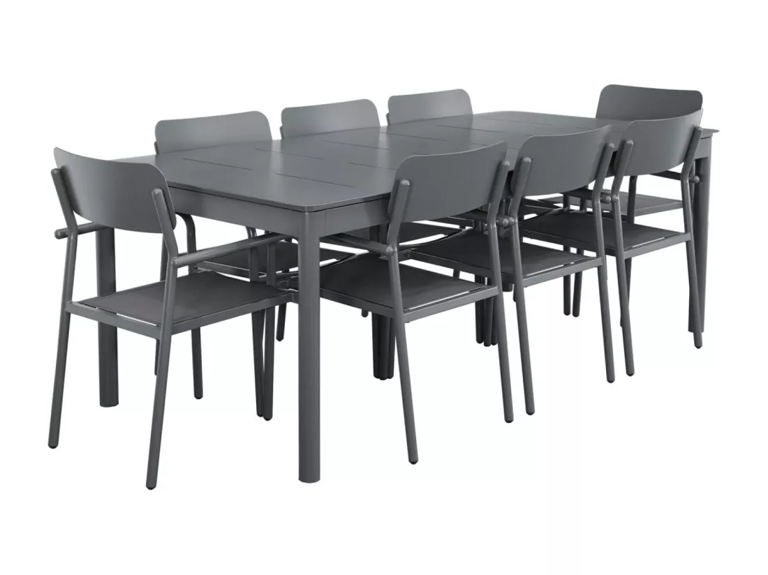 Table de jardin extensible aluminium + 8 assises anthracite. 8 fauteuils textilène. 210/300 x 100 x 75.5 cm