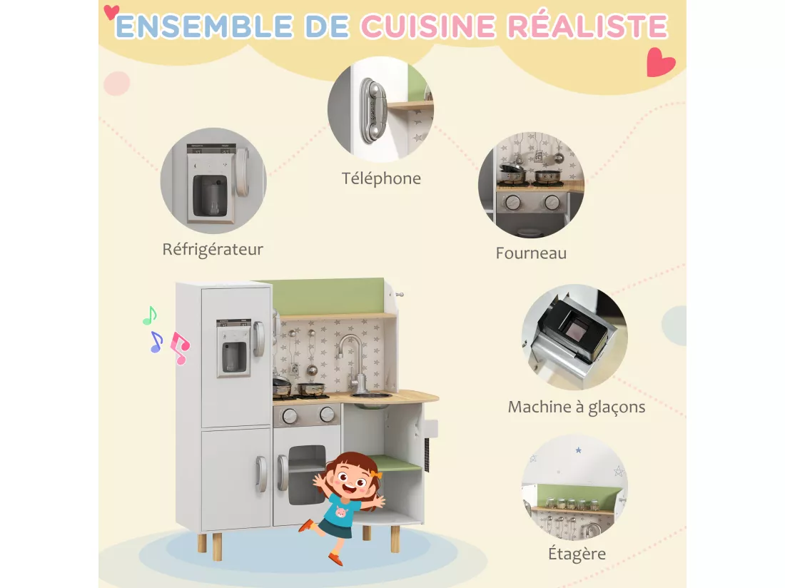 Cuisine pour enfant jeu d'imitation nombreux accessoires rangements évier réfrigérateur téléphone four blanc bois vert