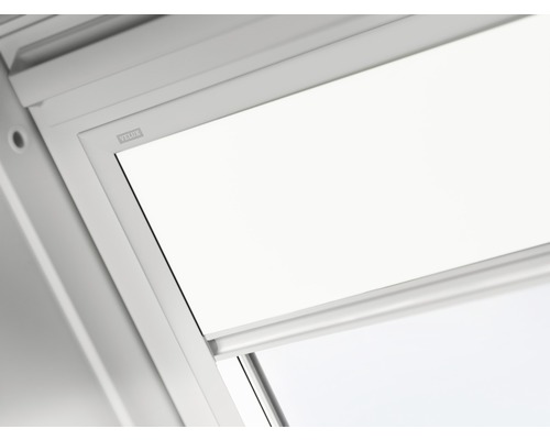 VELUX verduisterend rolgordijn, effen wit, handmatig, wit frame, DKL C02 1025SWL