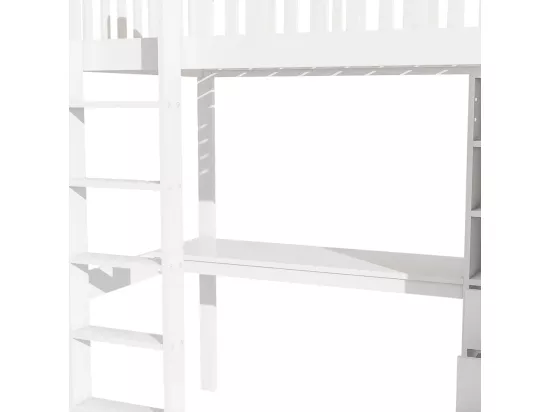 Lit en mezzanine, 90*200 cm, bureau, armoire, 3 tiroirs, rangement ouvert, balustrade, escalier, sans matelas, blanc