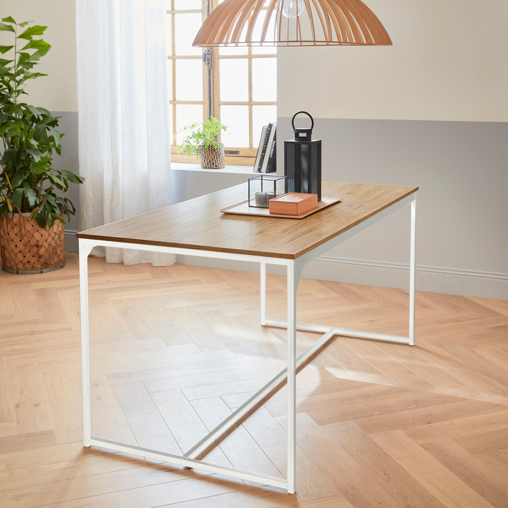 Table à manger rectangulaire métal blanc mat et décor bois - loft - 4 places. 150cm