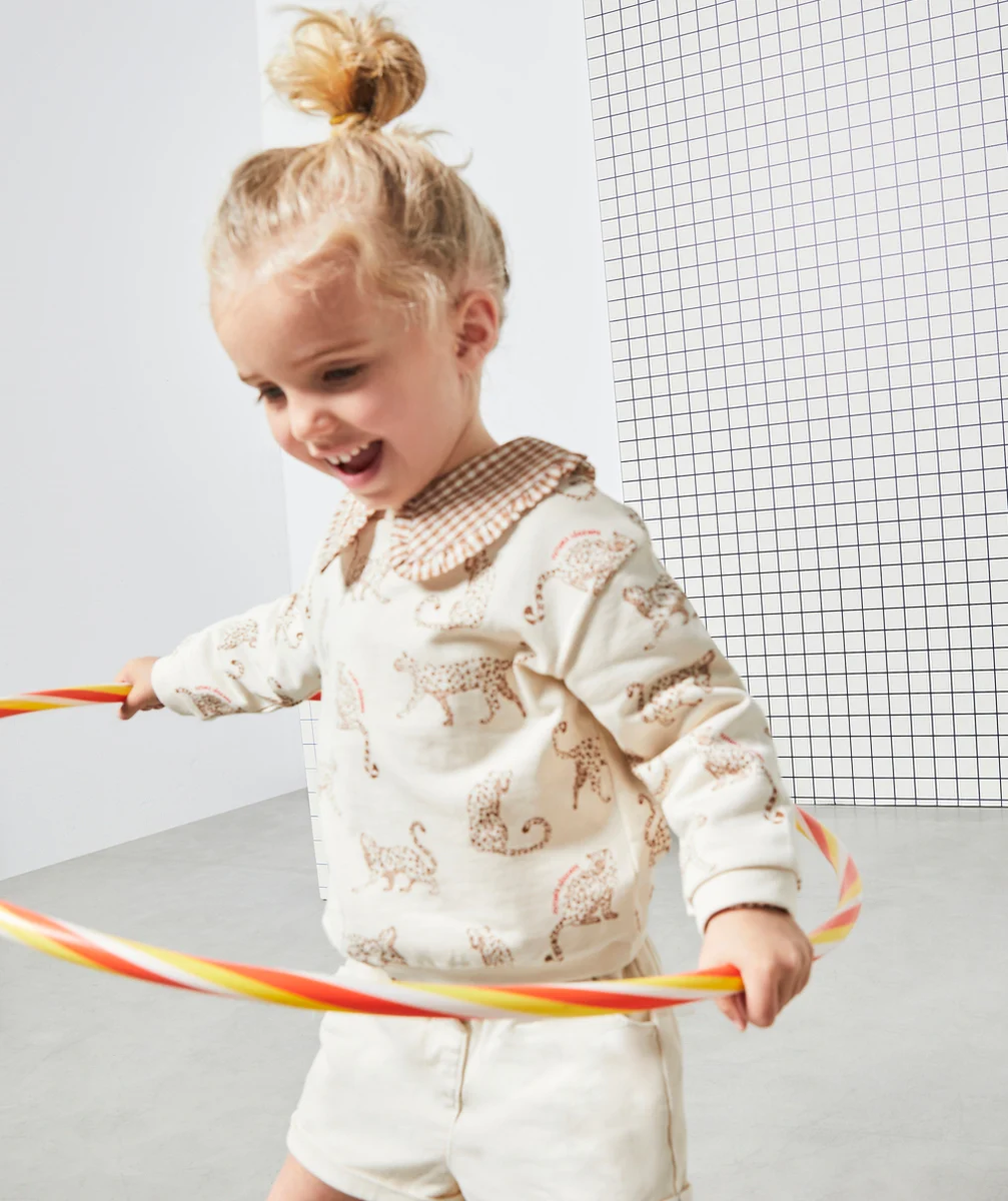 SWEAT BÉBÉ FILLE EN COTON BIO ÉCRU IMPRIMÉ LÉOPARDS