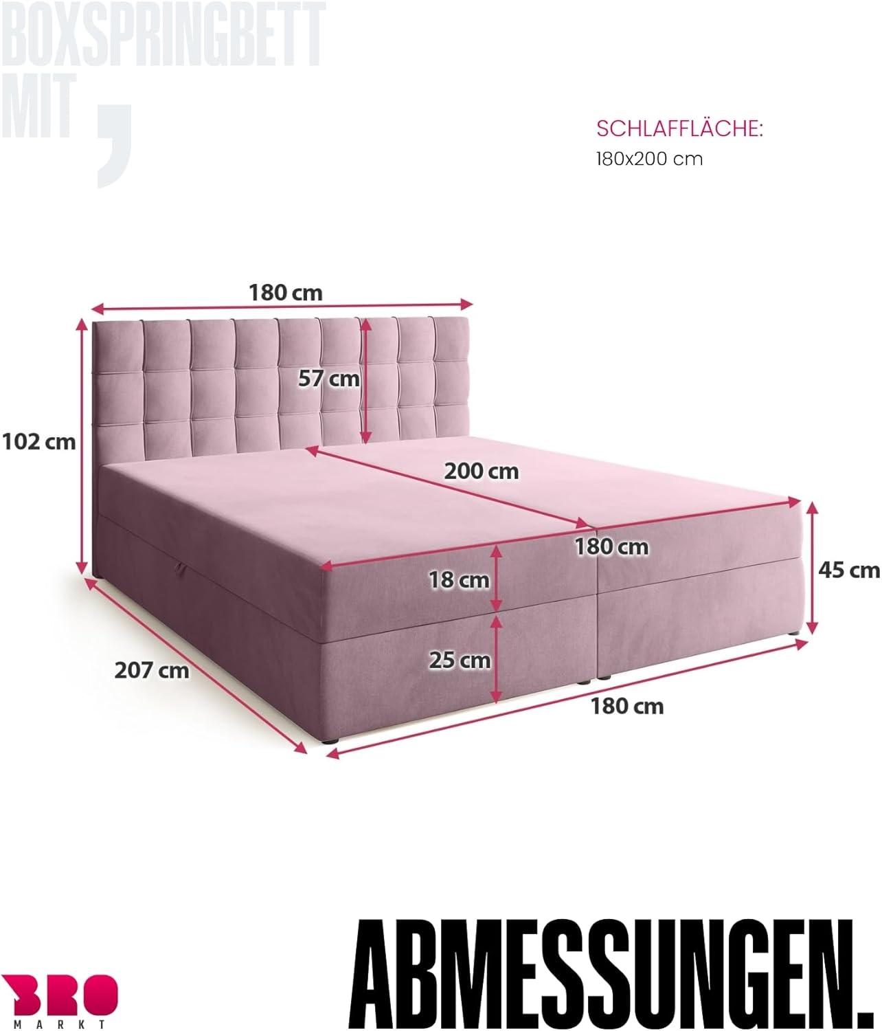 BROMARKT Boxspringbett mit Bonell Matratze und Bettkasten Doppelbett mit Topper 180x200cm Härtegrad H3 Bett für Schlafzimmer gepolsterte Kopfstütze Detroit Puderrosa