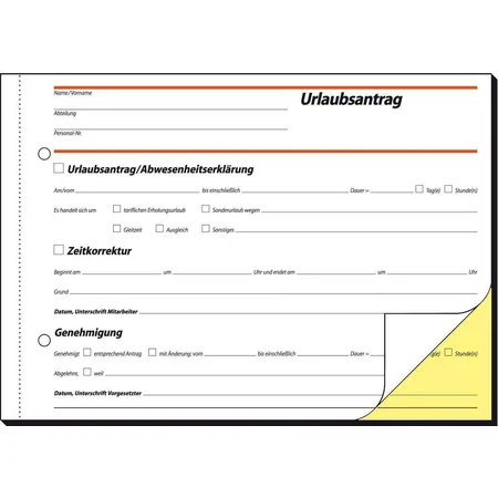 Sigel Urlaubsantrag, 1. und 2. Blatt bedruckt, selbstdurchschreibend, A...