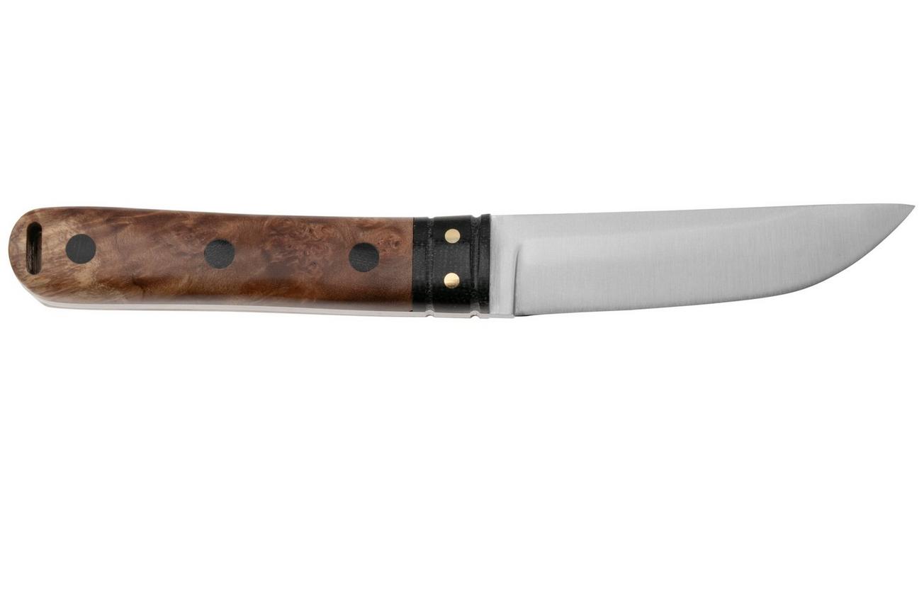 Bark River Kitsuné CPM 154 Natural Maple Burl Black Micarta Bolster and Pins, vaststaand mes