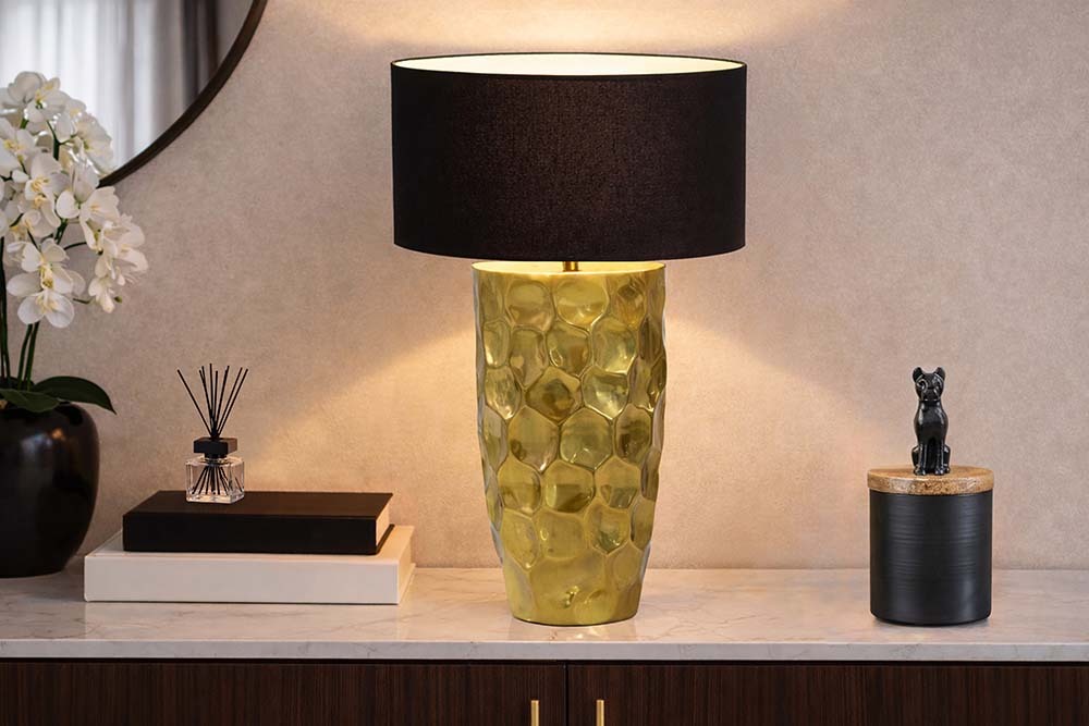 Handgefertigte Tischlampe AURELIA 55cm gold schwarz Hammerschlag-Design mit Stoffschirm