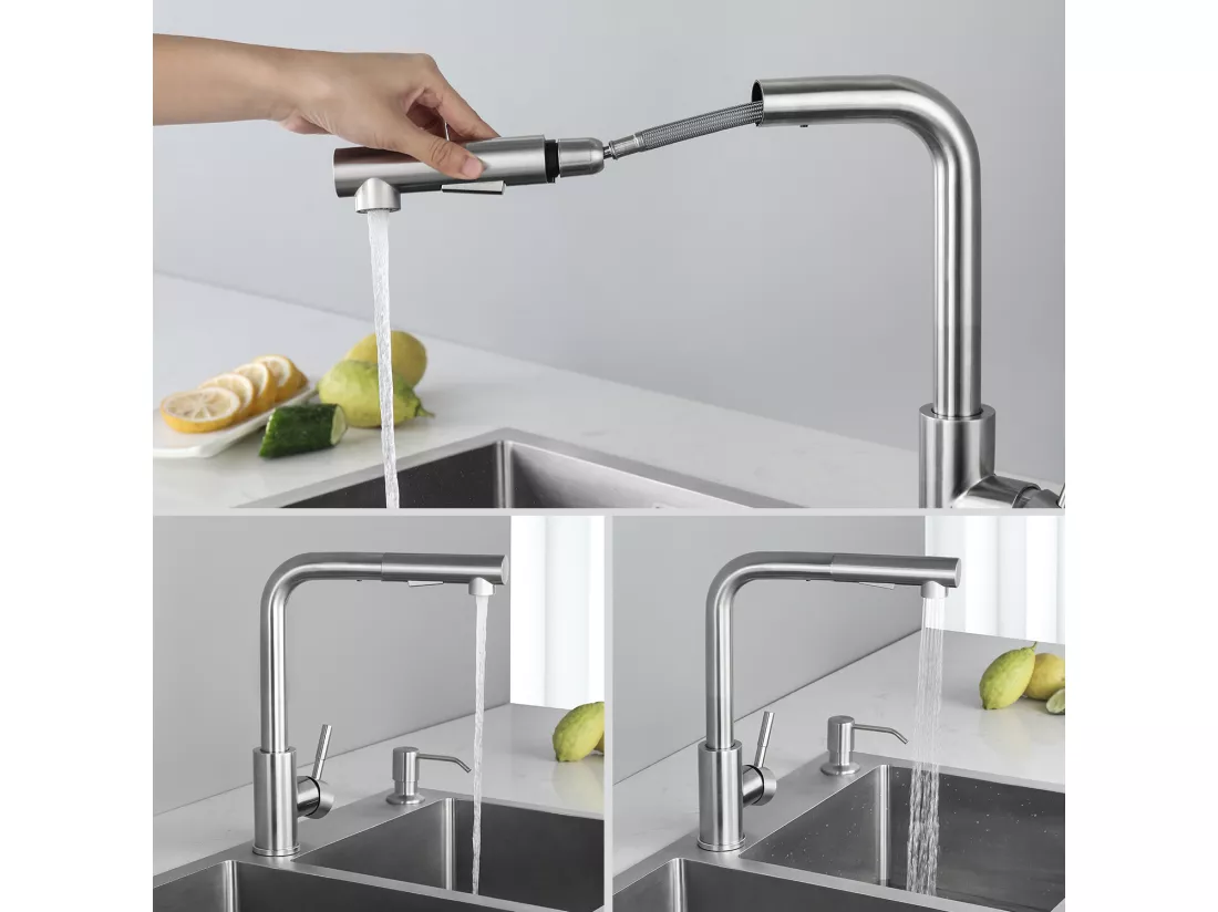 Cecipa max Evier 1 Bac avec Egouttoir Evier à encastrer Quartz et résine Noir 65x45cm + Mitigeur avec Douchette Extractible - 2 Jets aux Choix Brossé