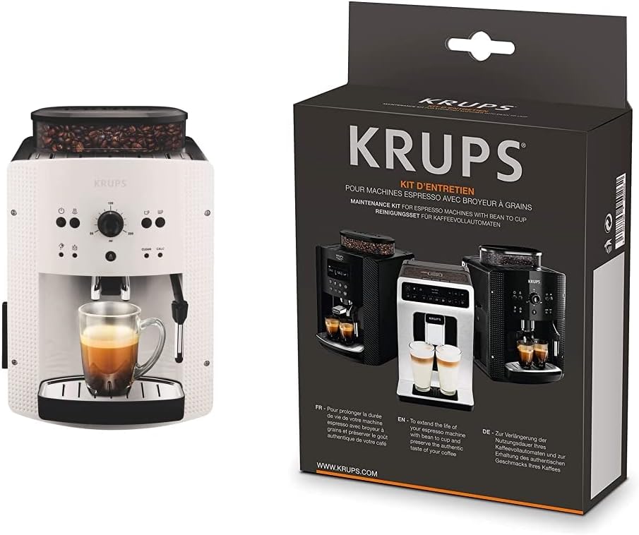 Krups Machine à café broyeur grain, 2 expresso simultanés, Nettoyage automatique, Buse vapeur Cappuccino, Essential blanche EA810570