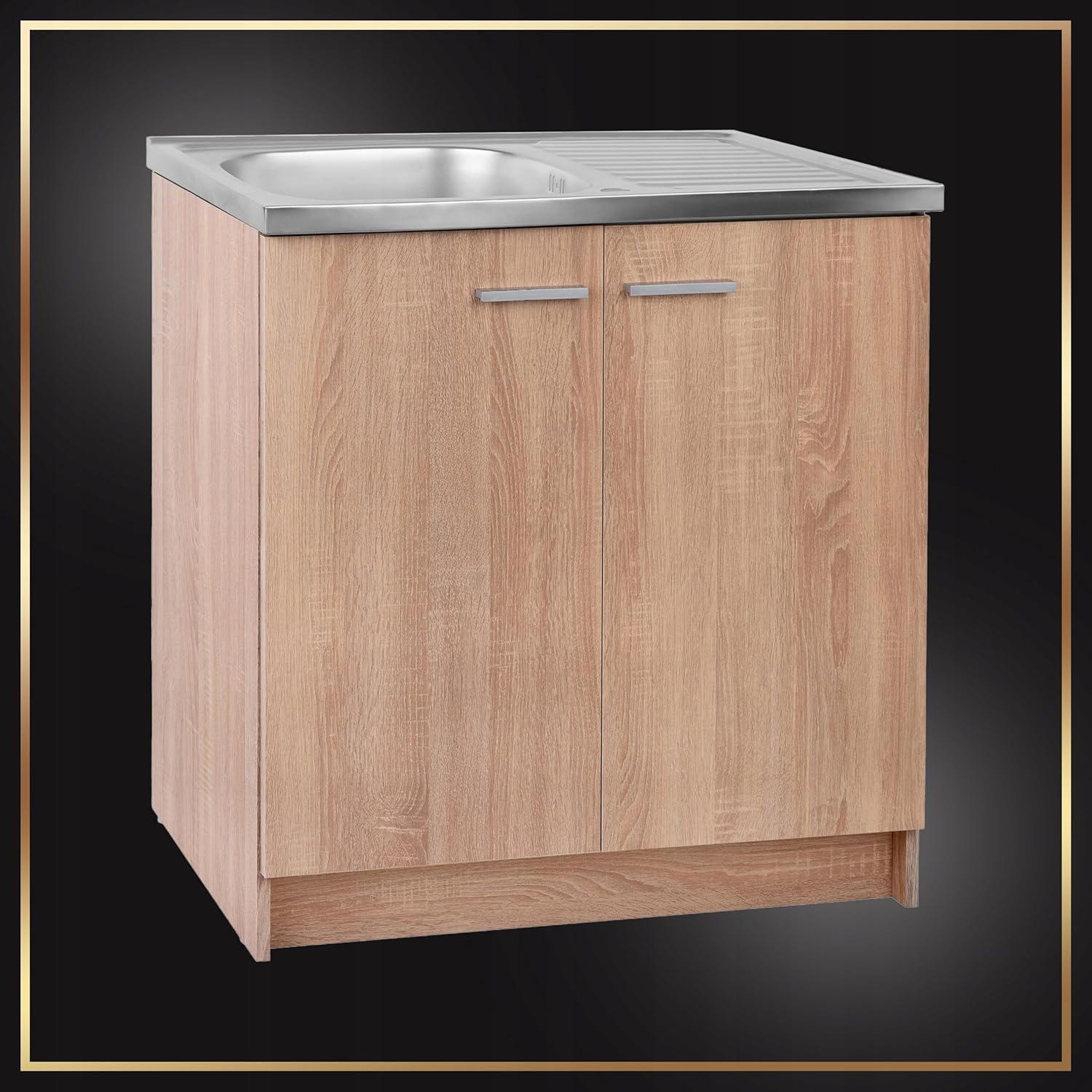 Spülenschrank Küchenschrank 80cm Sonoma Spüle Abtropf Armatur Schwarz Elastisch XXL Standschrank 46cm Tiefe Siphon Geschirrspüler Komplett Montagefertig