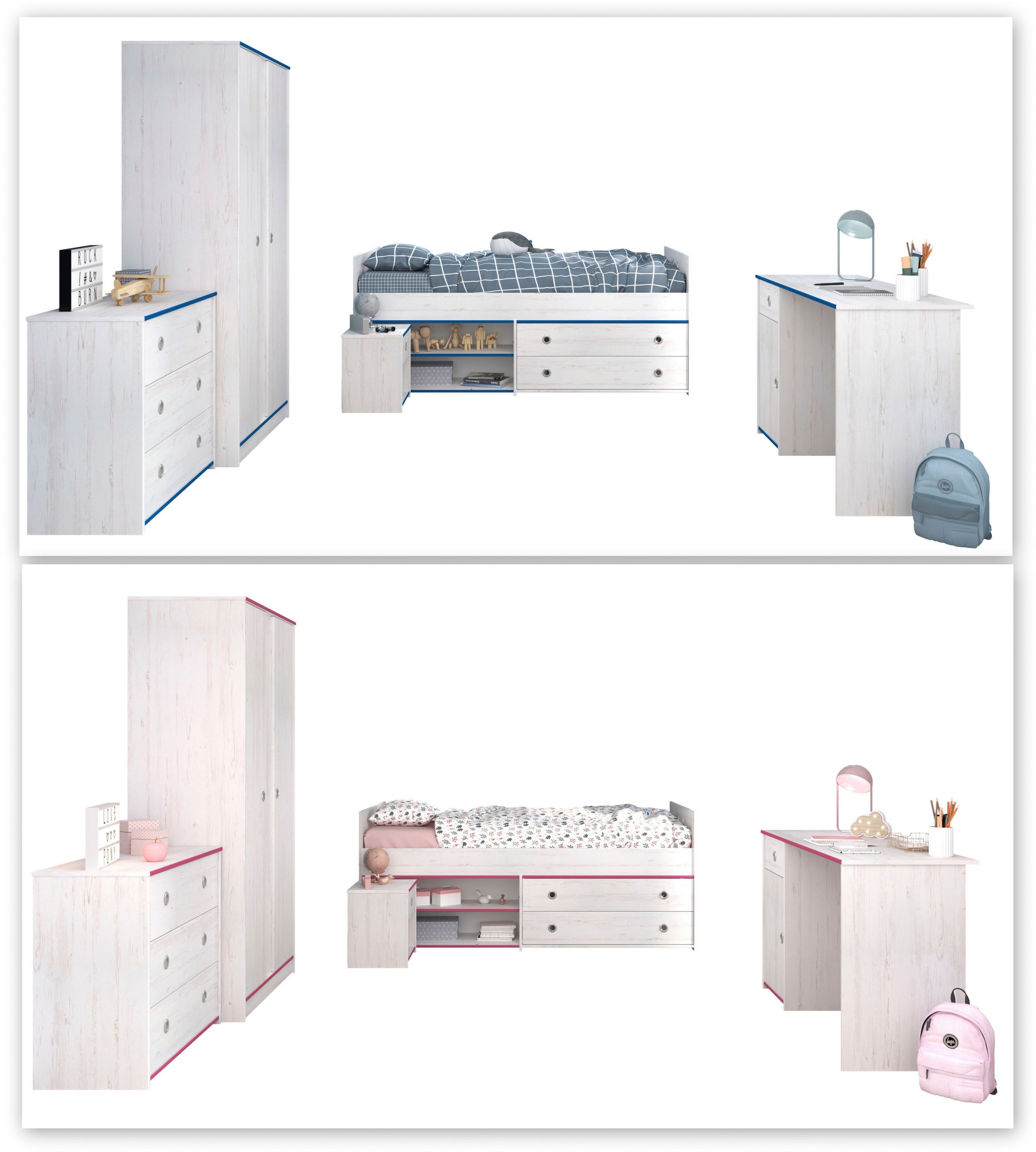 Parisot Jugendzimmer-Set »Smoozy« Set, Stauraumbett, Nachttisch, Kleiderschrank, Schreibtisch und Kommode, 5 Stk. tlg.