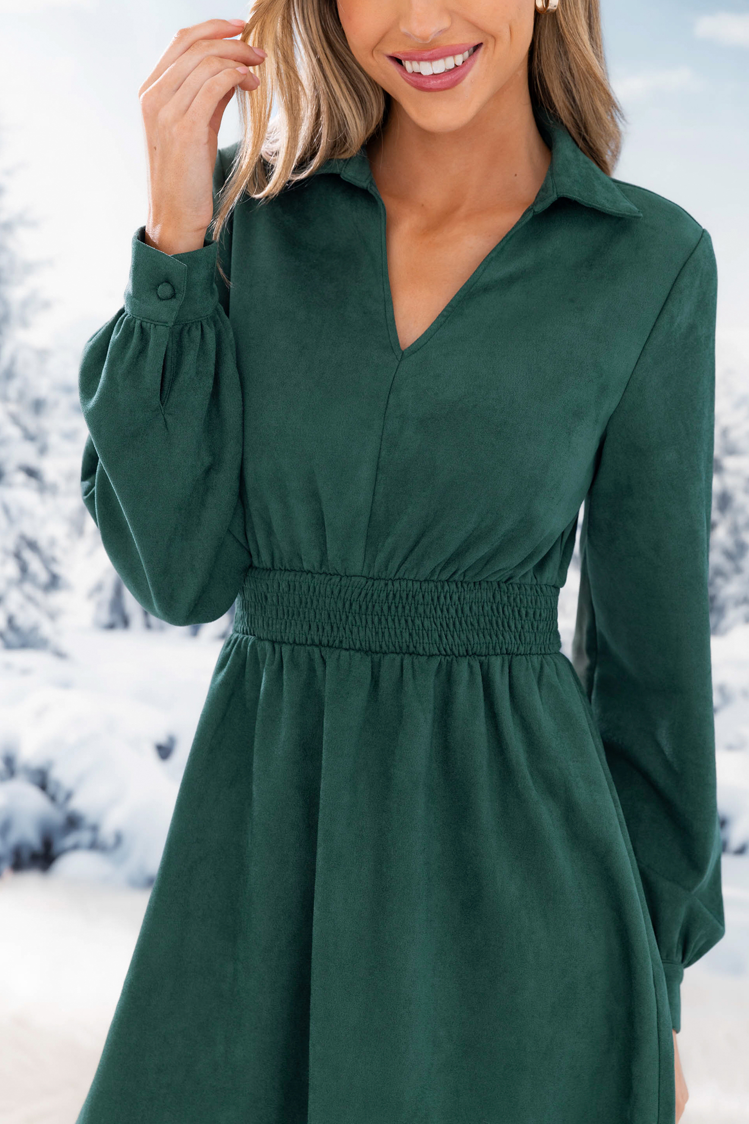 Robe chemise midi à col en V et smocks