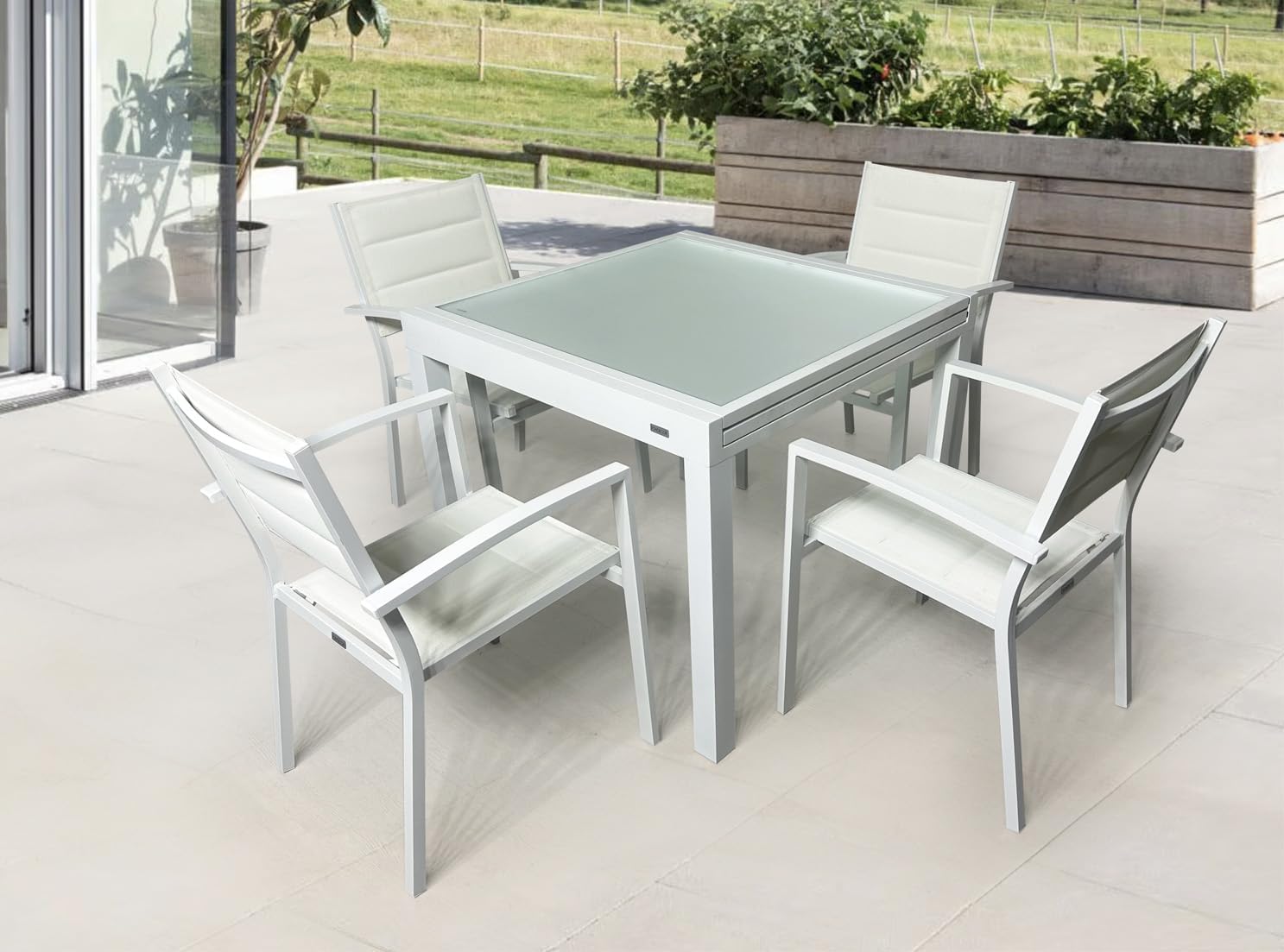 Mommahome® Set mit ausziehbarem Tisch und 4 Stühlen, Gartenmöbel-Set für den Außenbereich, 5-teilig, Aluminiumgestell, Tisch und Stühle für Terrasse, wasserdicht, wetterfest (weiß)