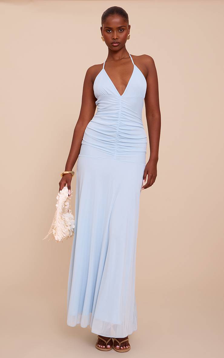 Bleu Clair Robe Longue À Bretelles Avec Détail Froncé