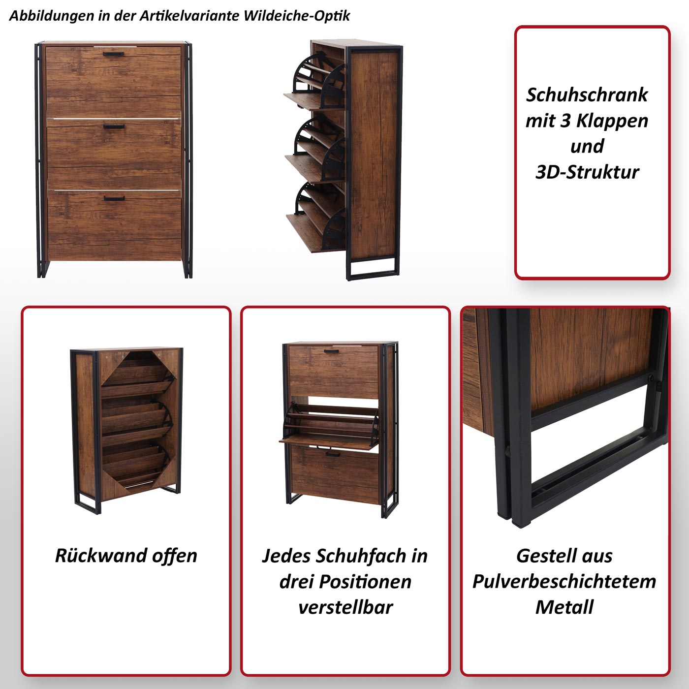 Schuhkipper MCW-A27, Schuhschrank Schuhregal, 122x77x29cm 3D-Struktur 3 Klappen MVG ~ Wildeiche-Optik