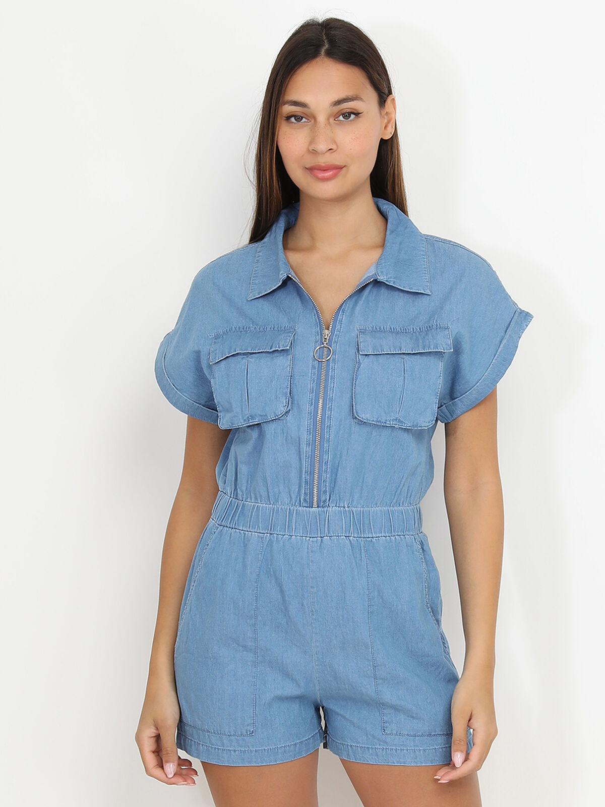 Combi-short denim à zip- Bleu