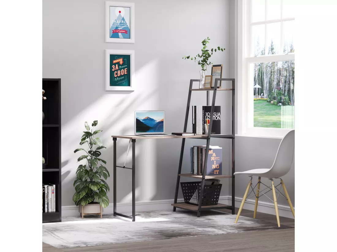 Bureau pliable rabattable - bureau bibliothèque 2 en 1 - 4 étagères - imitation bois gris métal noir
