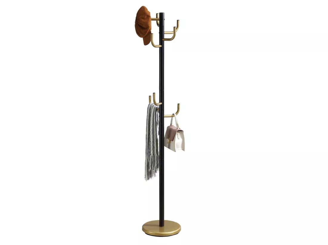 Porte-manteaux MILA portant pour vêtements sur pied hauteur 174 cm et 8 crochets, meuble d'entrée en métal laqué noir et or