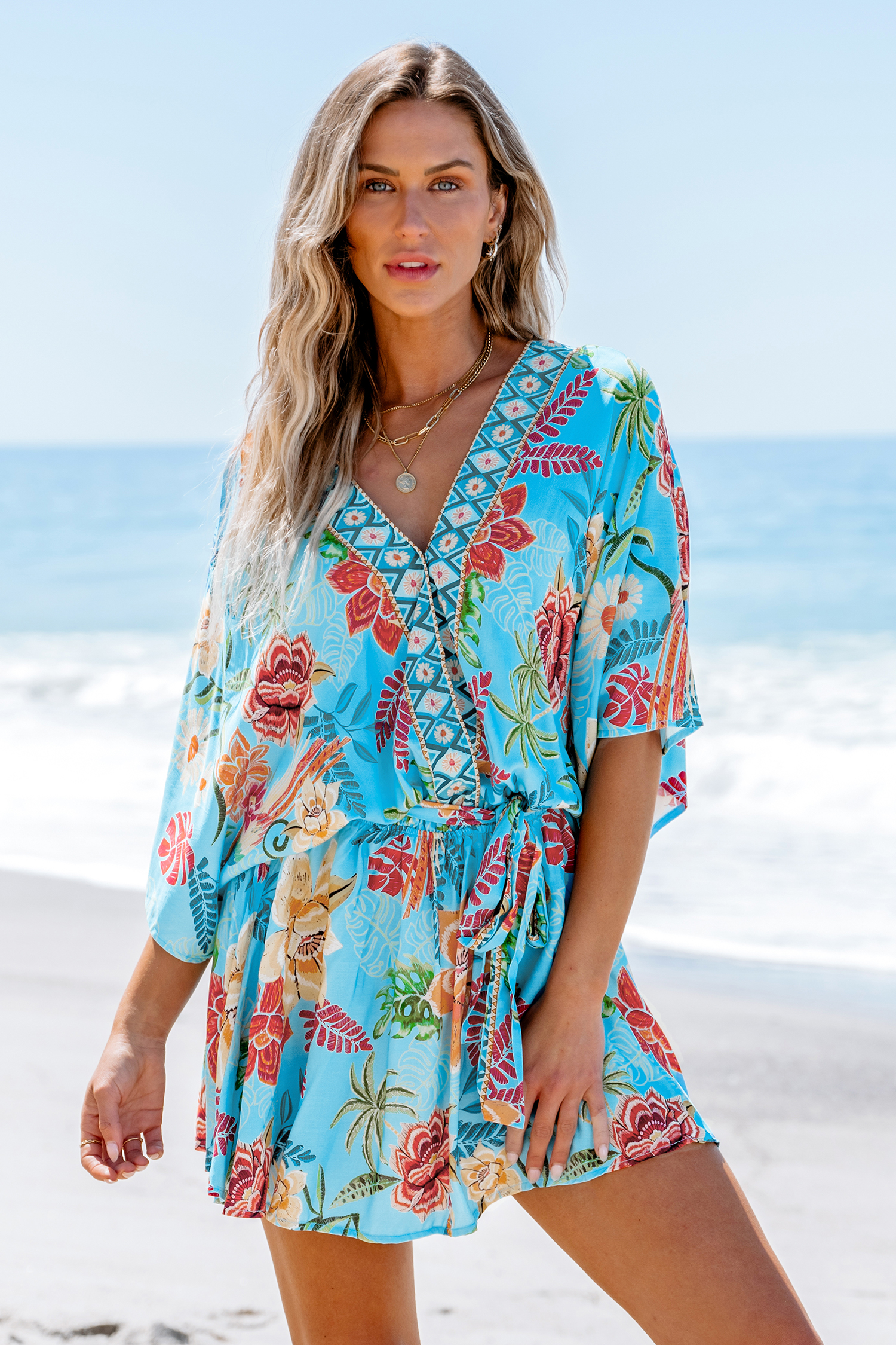 Robe mini à manches dolman tropicale bleue