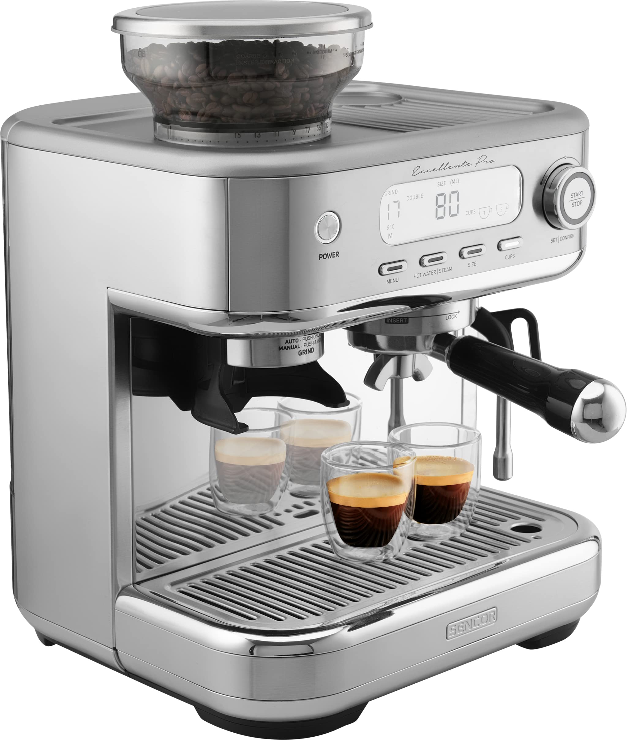 SENCOR Machine Expresso, Mousseur à lait, Broyeur Café à Grain, Ecran LCD, Caftière Espresso, Cappuccino, Expresso avec Broyeur Barista Express, Excel