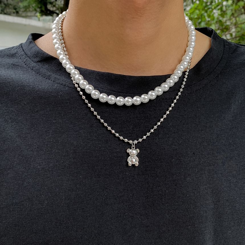 Gretlyn - Bear Pendant Faux Pearl Layered Necklace