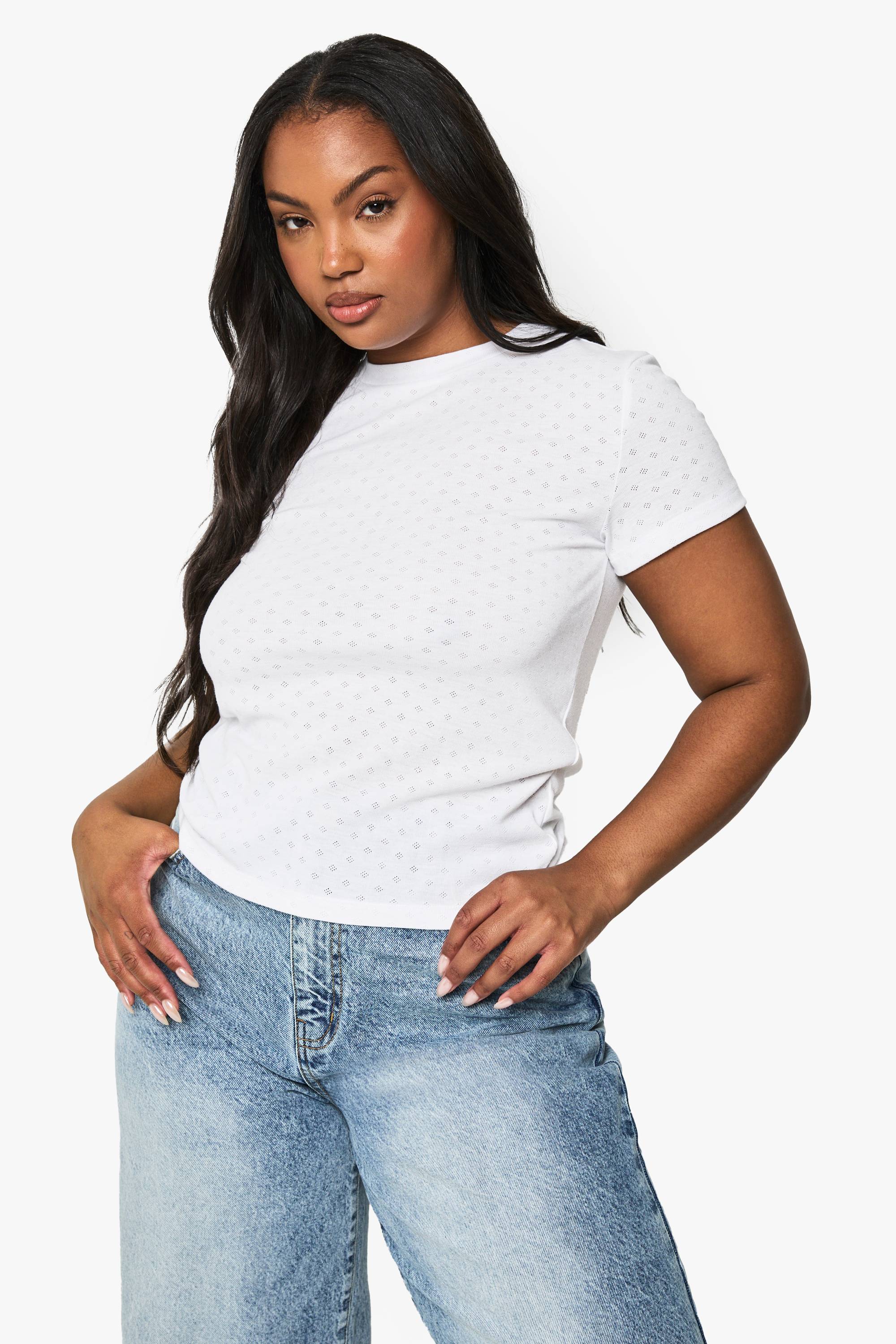 boohoo Haut Ajusté À Manches Courtes Pointelle Grande Taille