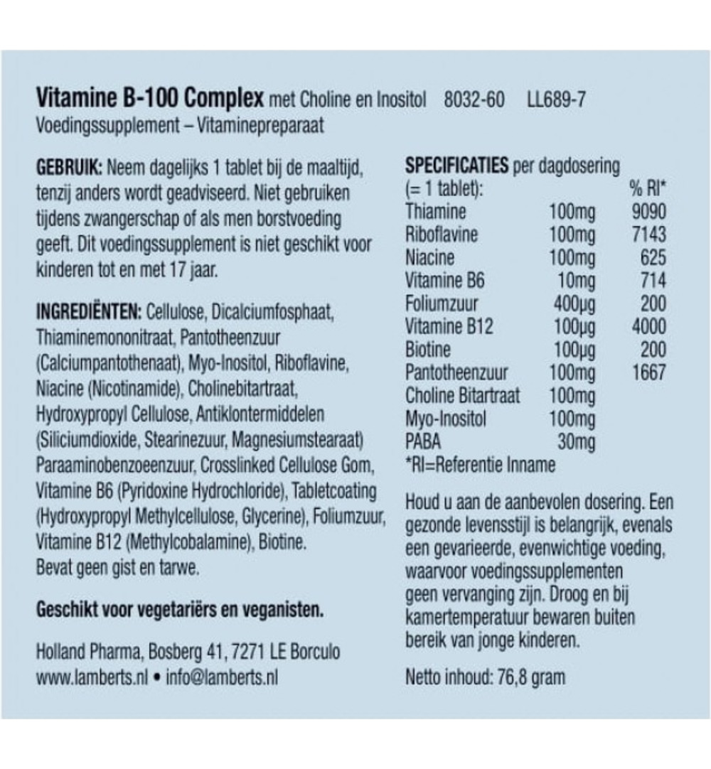 Lamberts Vitamine B100 complex (60 tabletten)