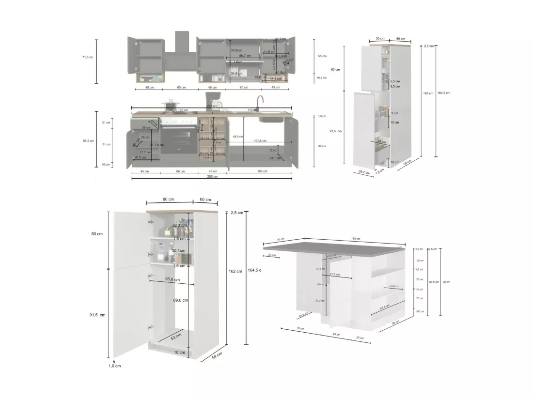 Cuisine complète Daquilant, Ensemble avec garde-manger, Meuble de kitchenette, Kit bloc avec îlot et porte-frigo, 100% Made in Italy, Blanc brillant et chêne