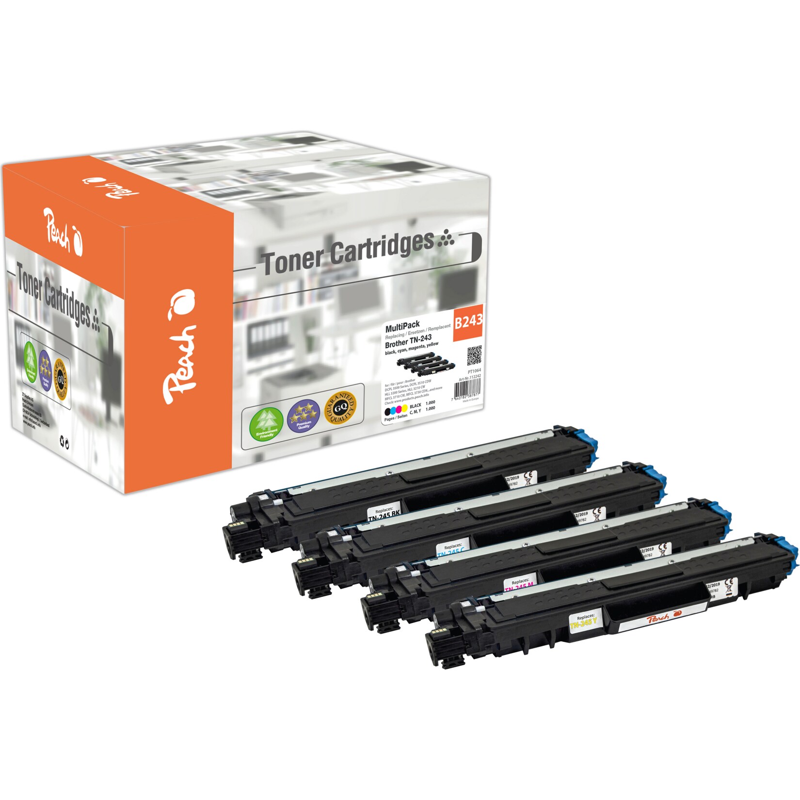 Peach B2434 Toner (bk, c/m/y) ersetzt Brother TN-243 für z.B. Brother DCPL 3550 CDW, Brother MFCL 3750 CDW, Brother DCPL 3510 CDW (wiederaufbereitet)