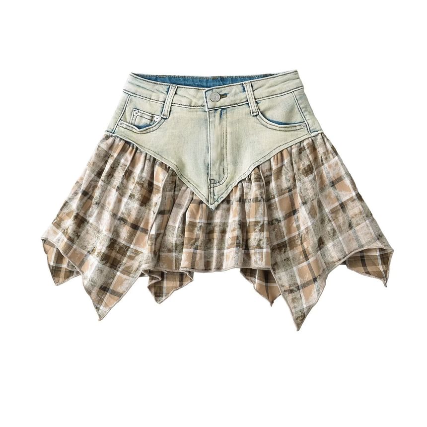 Firebird - Laag uitgesneden denim minirok met geruit paneel