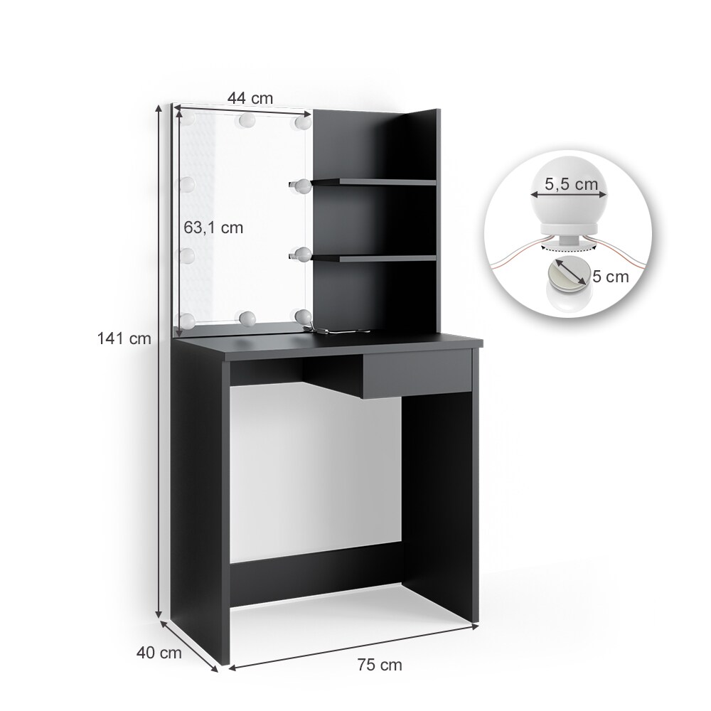 Vicco Schminktisch Dekos Frisiertisch Kommode Frisierkommode Spiegel Schwarz inklusive LED-Lichterkette