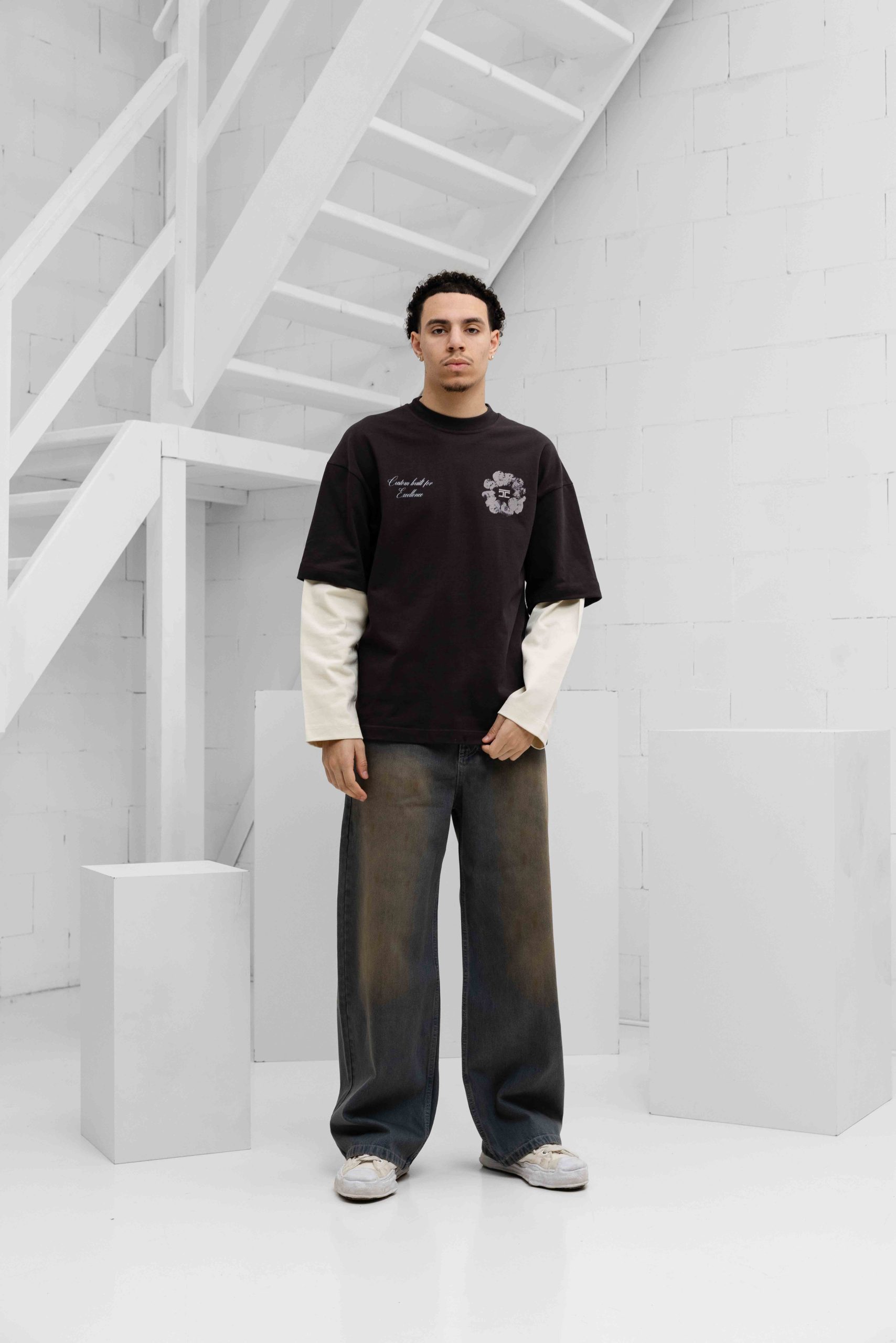 Jorcustom Flowers Double Layered Longsleeve T-Shirt Heren Bruin/Beige